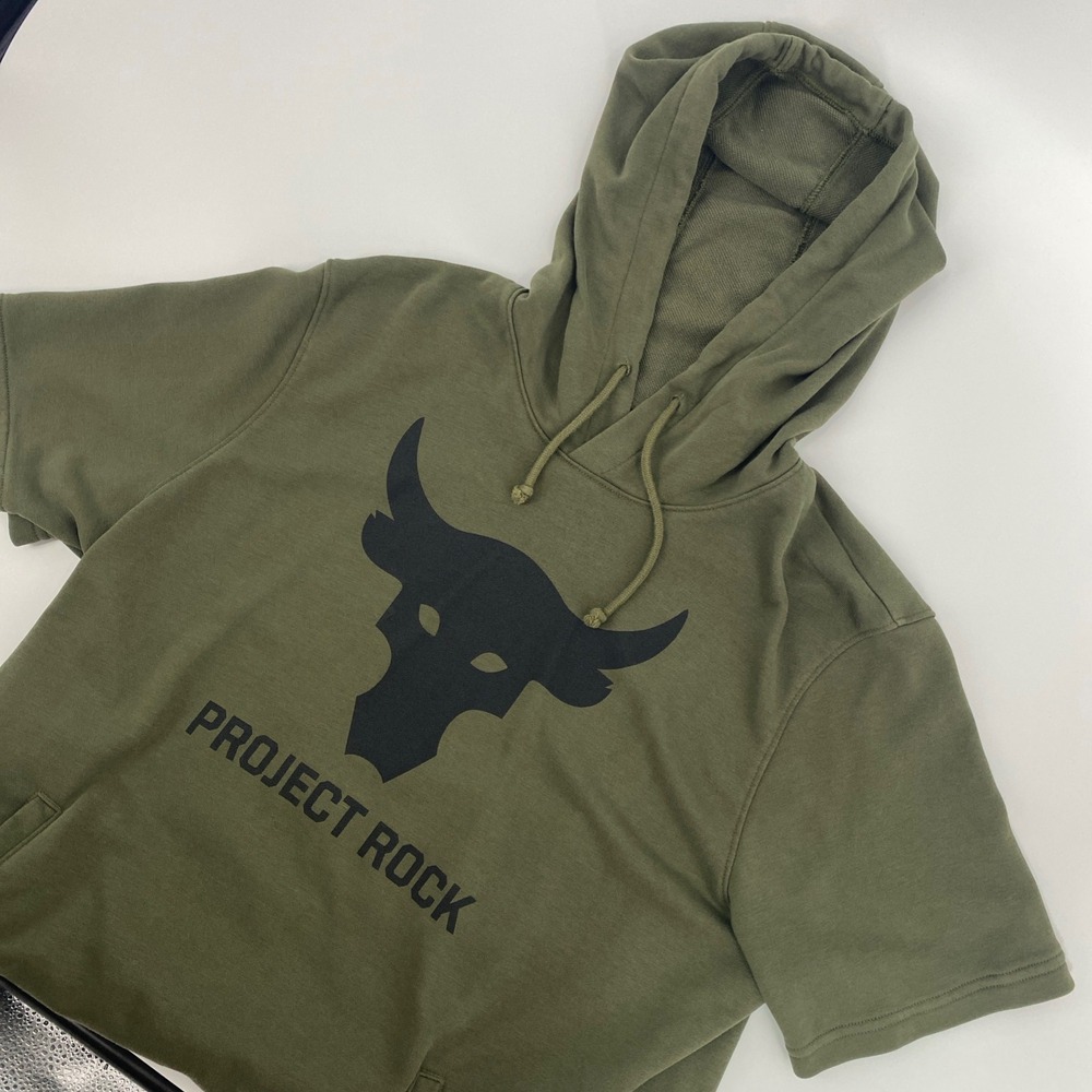 Under Armour Project Rock Short Sleeve Hoodie Mens Large Green Brahma Bull